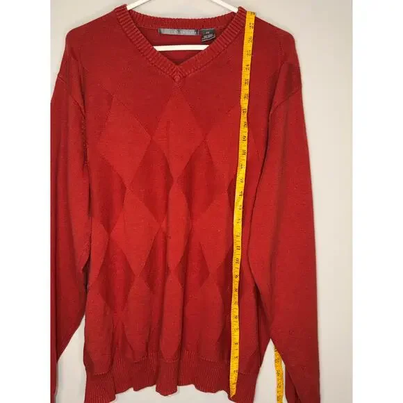 Oscar de la Renta Red Argyle Sweater Cotton V Neck Preppy Classic XXL - Picture 4 of 7